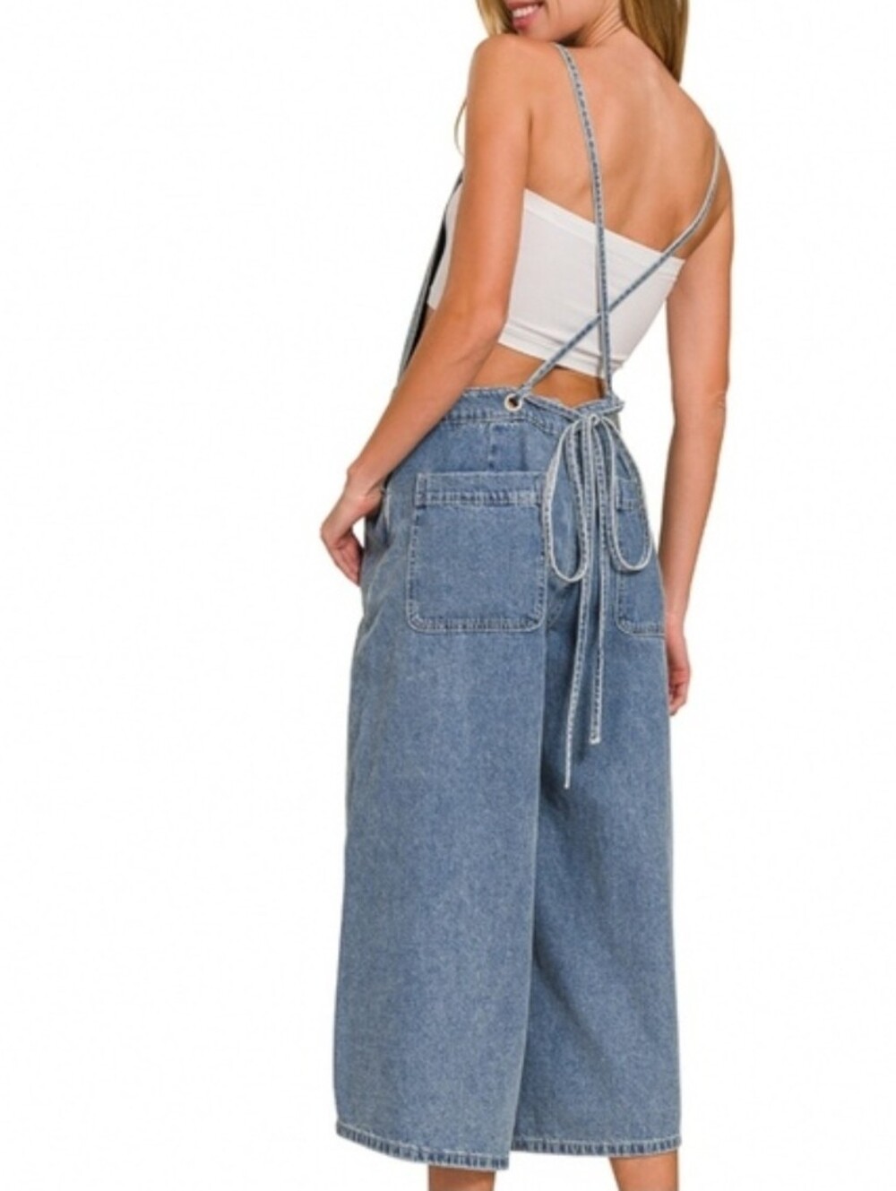 Zenana Wide Leg Denim Overalls - Blue - Picture 2 of 9